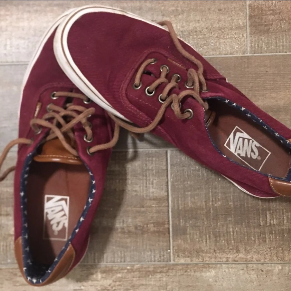 Maroon, navy blue with brown leather Vans